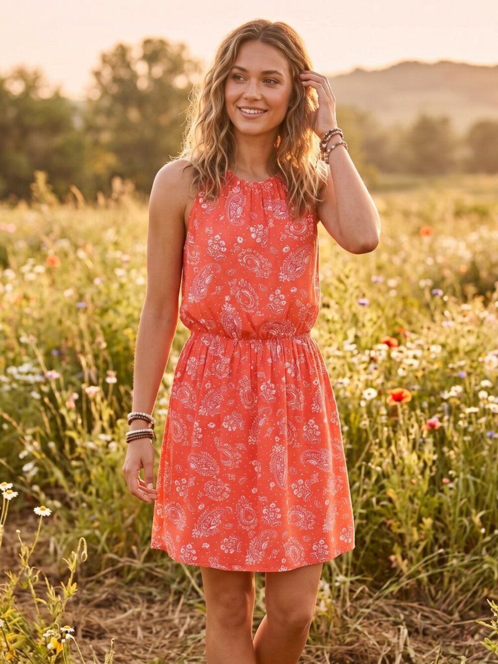 Old Navy Paisley Halter Dress L Tomato Girl Boho Romantic Coquette Coral Red
